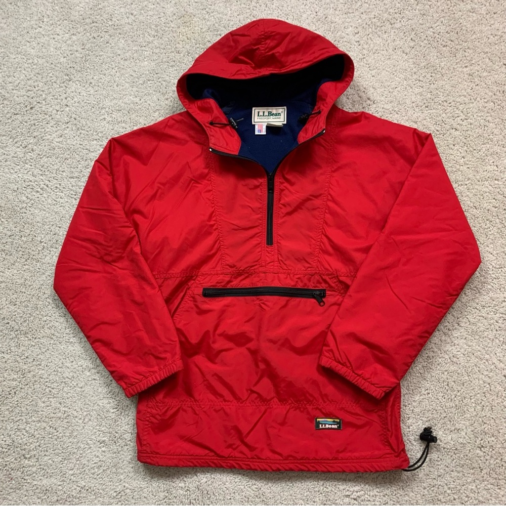 Vintage L.L. BEAN Red NYLON Fleece Lined 1/2 ZIP Pullover HOODED Hiking JACKET S